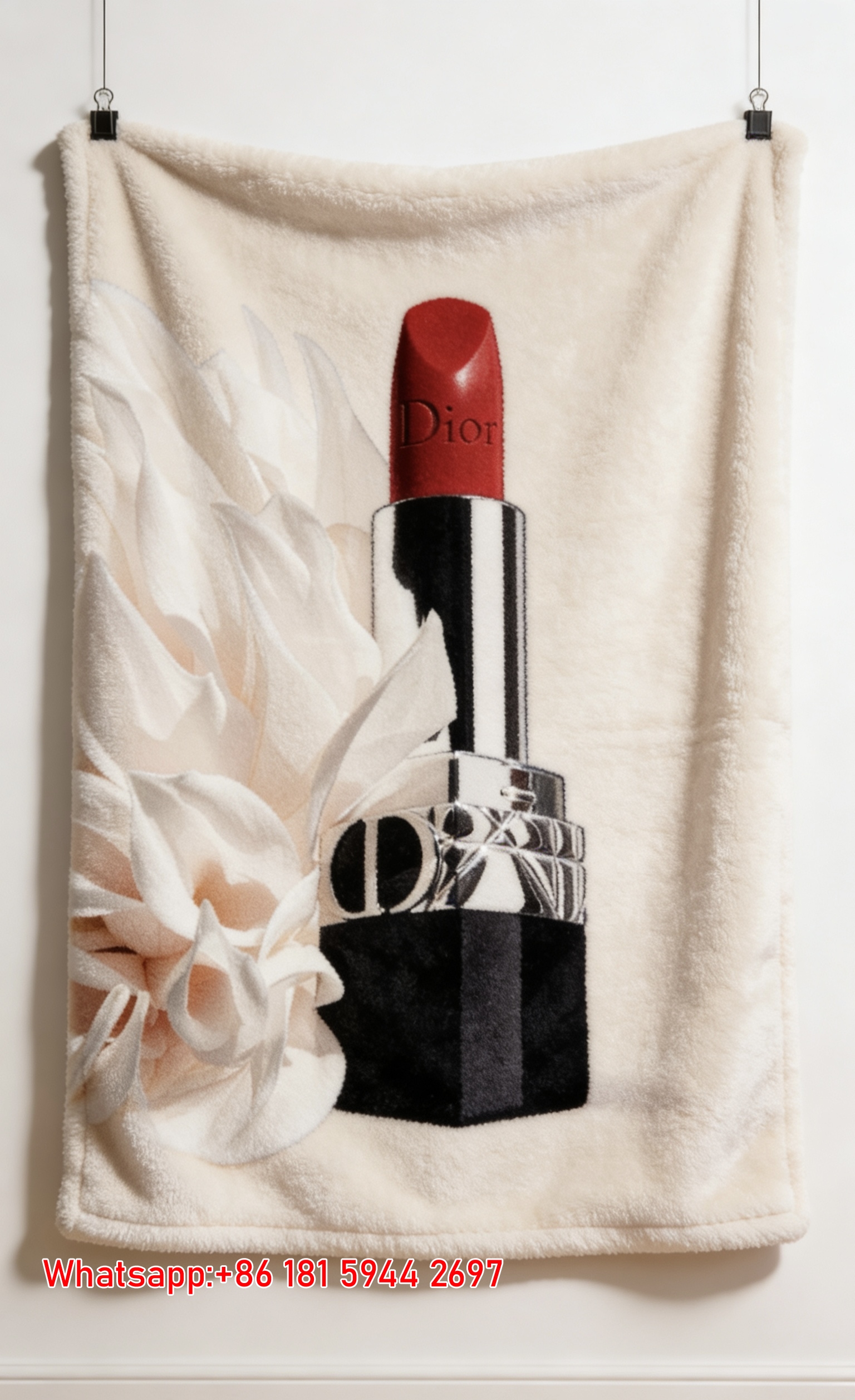 Dior Red Lipstick White Flower Flannel Sofa Throw Blanket D341